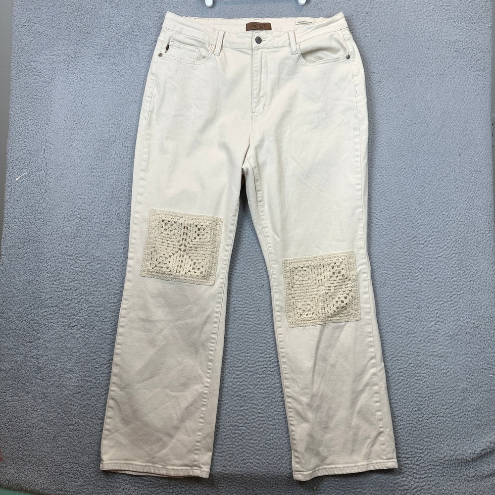 Judy Blue Jeans Womens 20W Plus Cream Crochet Knee Patch Garment Dyed Ladies EUC